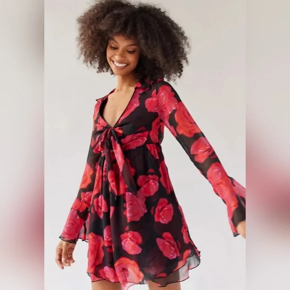 Urban Outfitter Kiki Tie-Front Roses Mini Dress Long Bell Sleeve Cutout Coquette - Picture 2 of 14